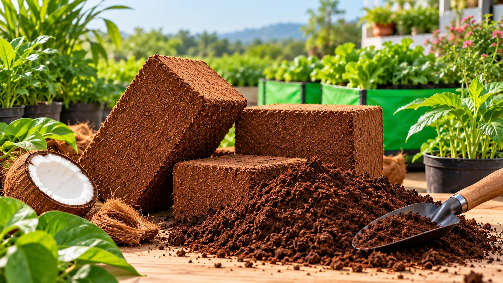 Natural cocopeat blocks and coco coir growing medium for organic gardening