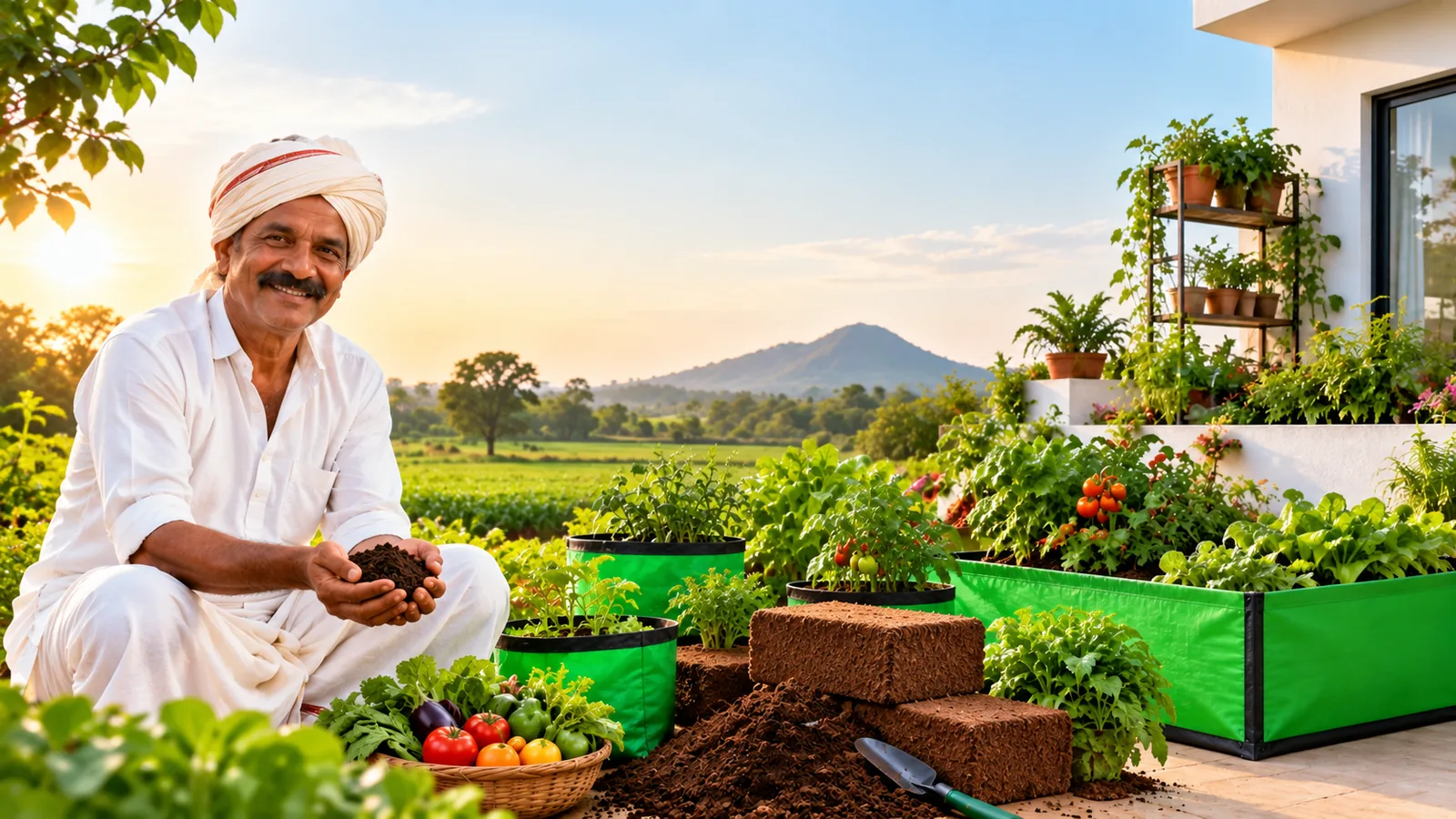 Organic gardening with cocopeat, grow bags and fresh vegetables